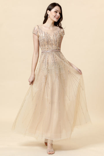 A Line Round Neck Golden Beaded Floor Length Ball Dress
